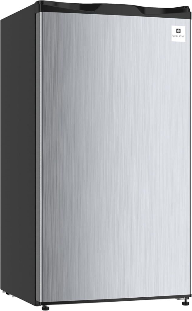 ARCTIC CHEF Mini Refrigerator, Compact Freezer Compartment, Adjustable Thermostat Control, Reversible Door, Ideal Fridge for Dorm, Office, Apartment, Platinum Stainless, 3.2 Cubic Feet