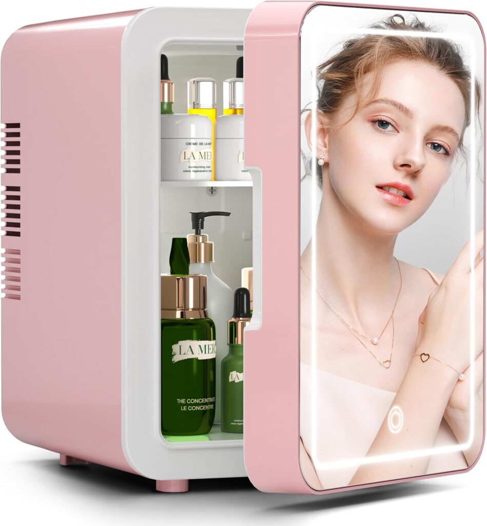 BOGDA Mini Skincare Fridge (4 Liter/6 Can) with Dimmable LED Light Mirror, Cooler and Warmer for Refrigerating Make Up, Skin Care and Food, Portable Mini Fridge for Bedroom, Office and Car, Pink