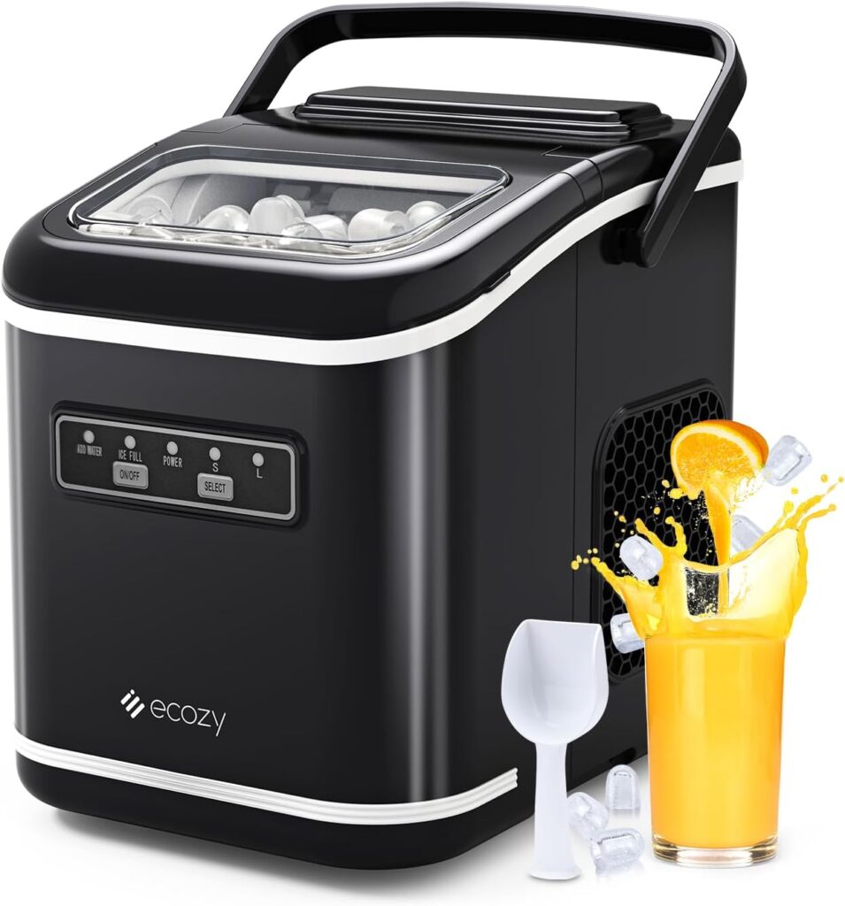 ecozy Countertop Ice Maker, Portable Ice Maker with Self-Cleaning, 9 Bullet Ice Cubes in 6 Mins, 26lbs/24Hrs, Ice Maker Machine with Ice Bags, Handle, Standing Scoop and Basket, Black