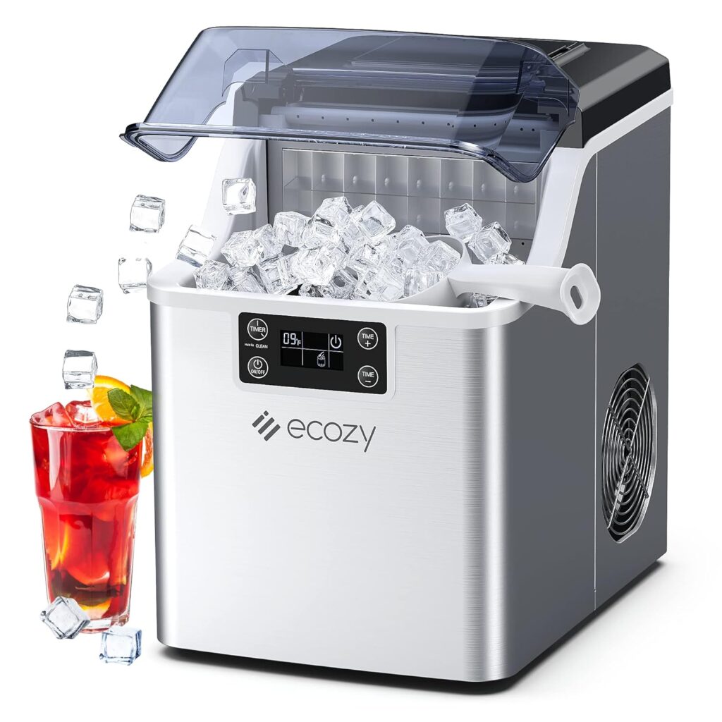 ecozy Countertop Ice Makers, 45lbs Per Day, 24 Cubes Ready in 13 Mins, Stainless Steel Housing, Auto Self-Cleaning Ice Maker with Ice Bags and Ice Scoop for Kitchen Office Bar Party