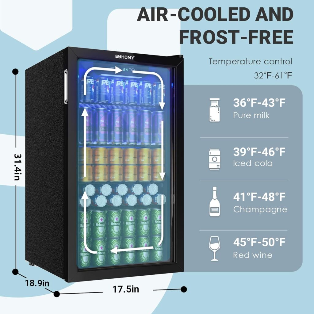 EUHOMY Beverage Refrigerator and Cooler, 126 Can Mini fridge with Glass Door, Small Refrigerator with Adjustable Shelves for Soda Beer or Wine, Perfect for Home/Bar/Office, Silver