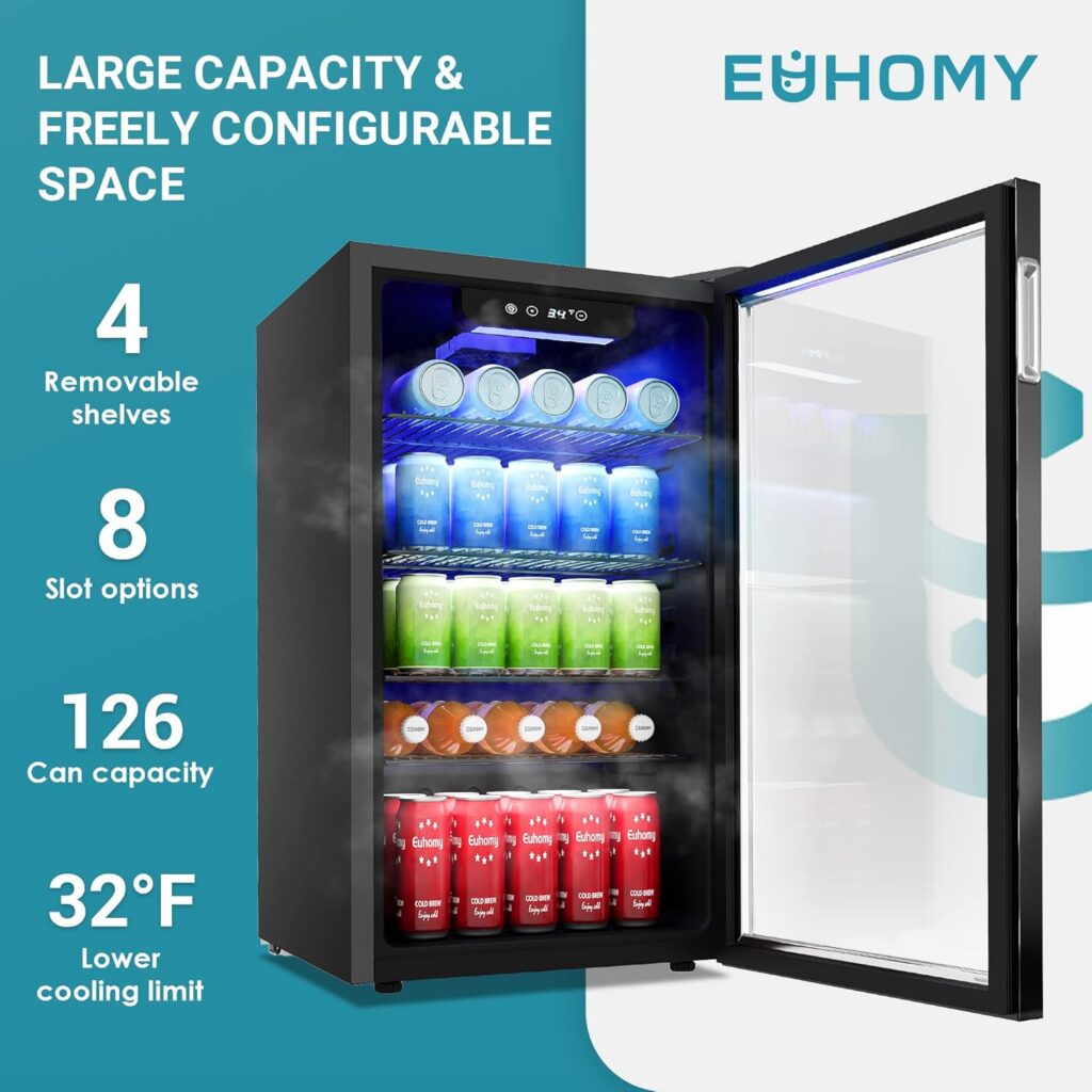 EUHOMY Beverage Refrigerator and Cooler, 126 Can Mini fridge with Glass Door, Small Refrigerator with Adjustable Shelves for Soda Beer or Wine, Perfect for Home/Bar/Office, Silver