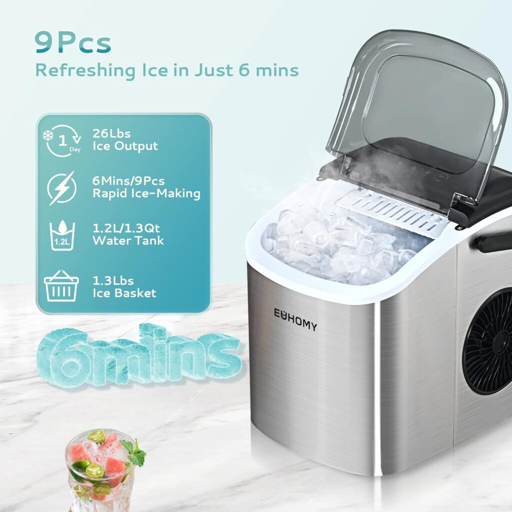 EUHOMY Countertop Ice Maker Machine with Handle, 26lbs in 24Hrs, 9 Ice Cubes Ready in 6 Mins, Auto-Cleaning Portable Ice Maker with Basket and Scoop, for Home/Kitchen/Camping/RV. (Black)