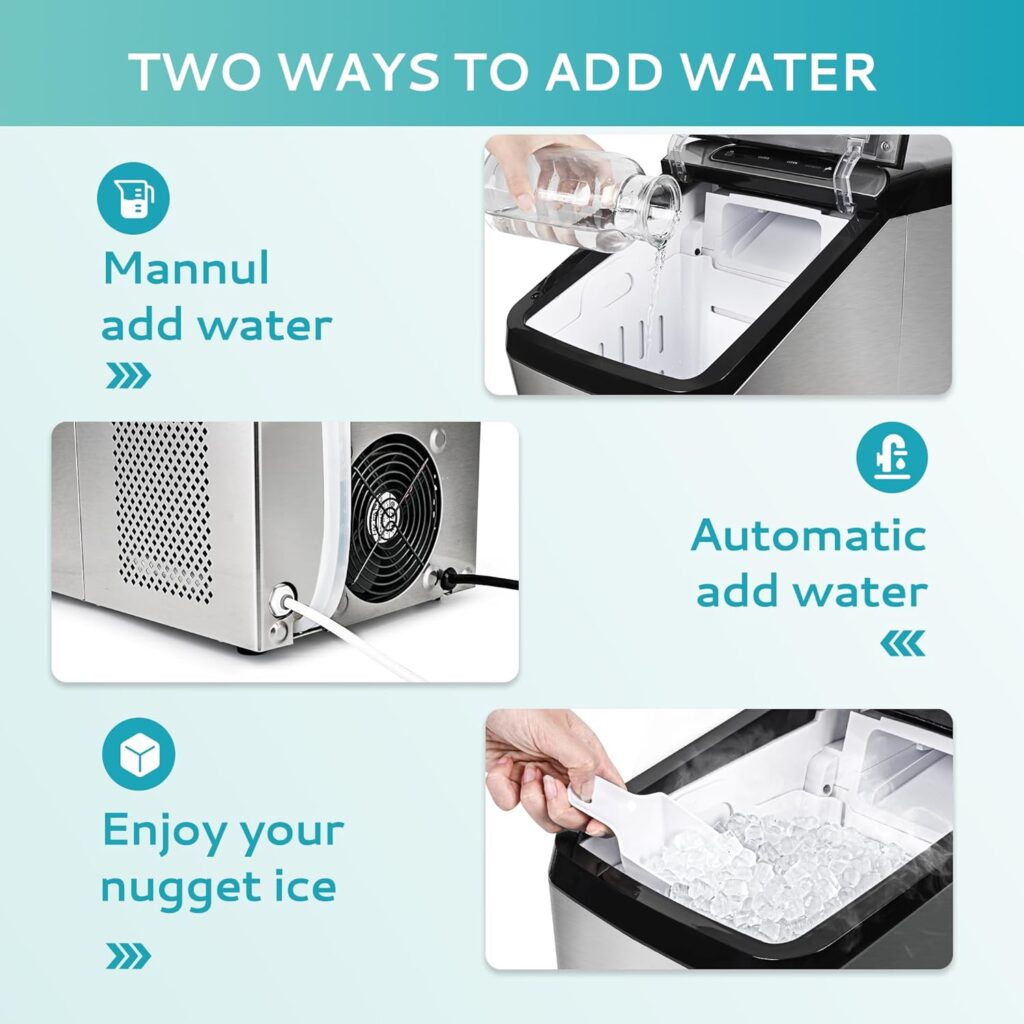 EUHOMY Nugget Ice Maker Countertop, Max 34lbs/Day, 2 Way Water Refill, Self-Cleaning Pebble Ice Maker Machine with 3Qt Reservoir, Ideal for Home, Office, Bar, and Party. (Silver)