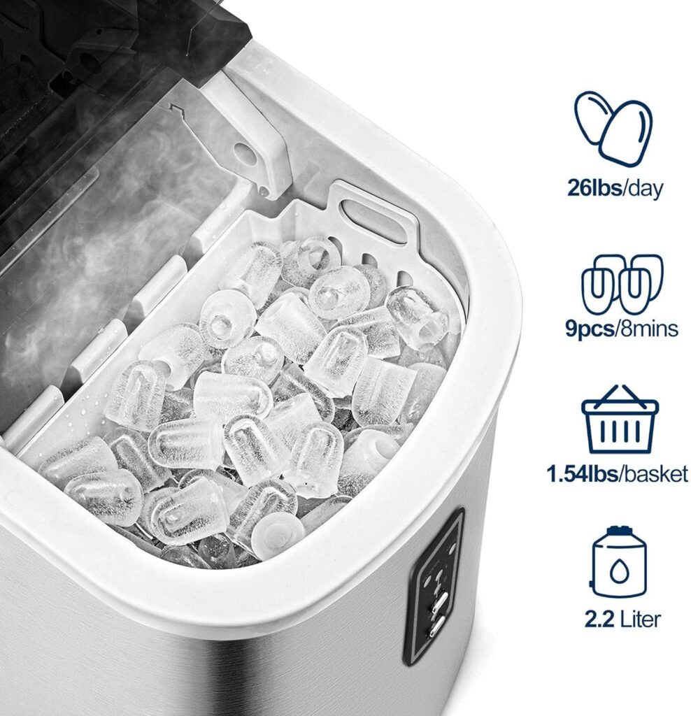 EUHOMY Nugget Ice Maker Countertop with Handle, Ready in 6 Mins, 34lbs Per Day, Removable Top Cover, Auto-Cleaning, Portable Sonic Ice Maker with Basket and Scoop, for Home/Party/RV/Camping (Black)