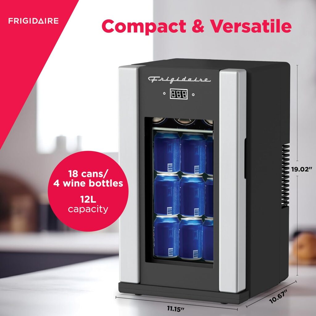 FRIGIDAIRE EFMI5567AMZ 18 Can OR 4 Wine Bottle Retro Beverage Fridge, Adjustable Temperature Control, Stainless