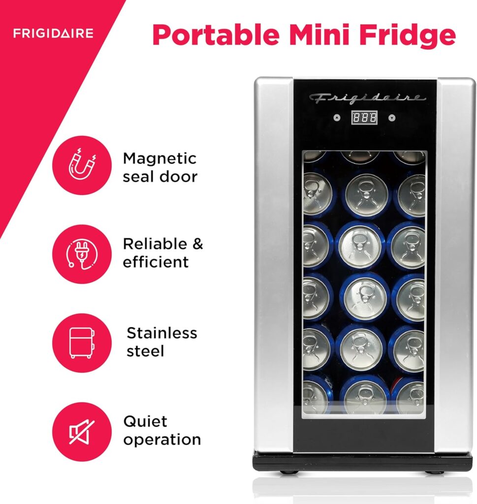 FRIGIDAIRE EFMI5567AMZ 18 Can OR 4 Wine Bottle Retro Beverage Fridge, Adjustable Temperature Control, Stainless