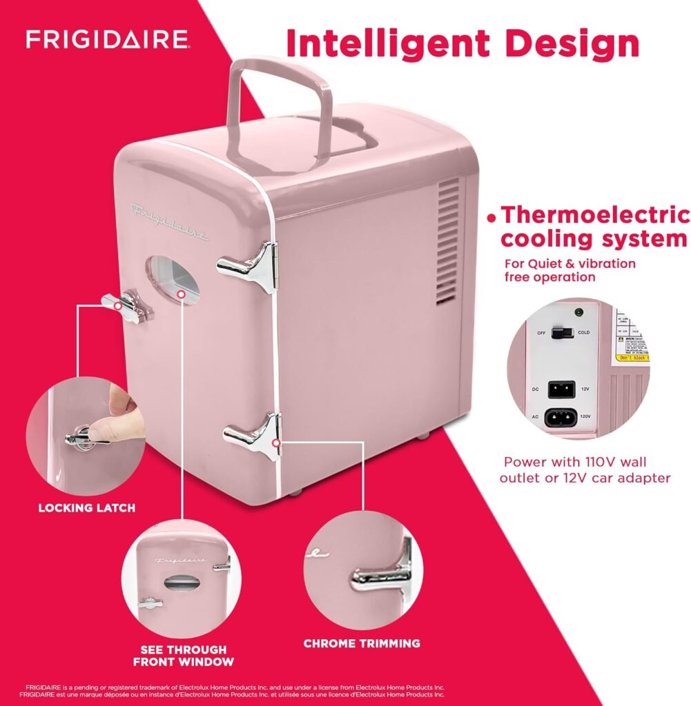 Frigidaire EFMIS129-RED_CP4 Mini Personal Fridge Cooler, 1 Gal Capacity fits Six Cans, Includes Plugs for Home Outlet  DC Charger-9.84 D x 7.09 W x 10.35 H, standard