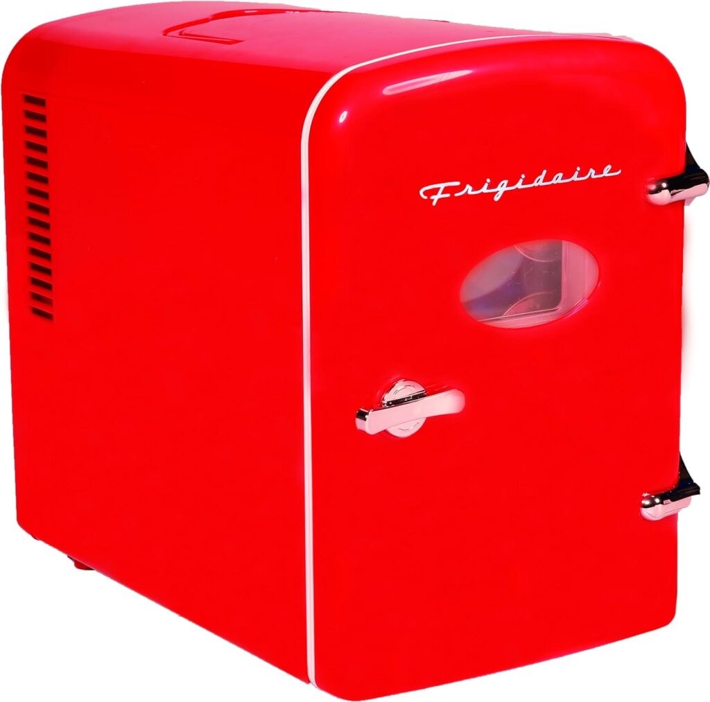 Frigidaire EFMIS129-RED_CP4 Mini Personal Fridge Cooler, 1 Gal Capacity fits Six Cans, Includes Plugs for Home Outlet  DC Charger-9.84 D x 7.09 W x 10.35 H, standard