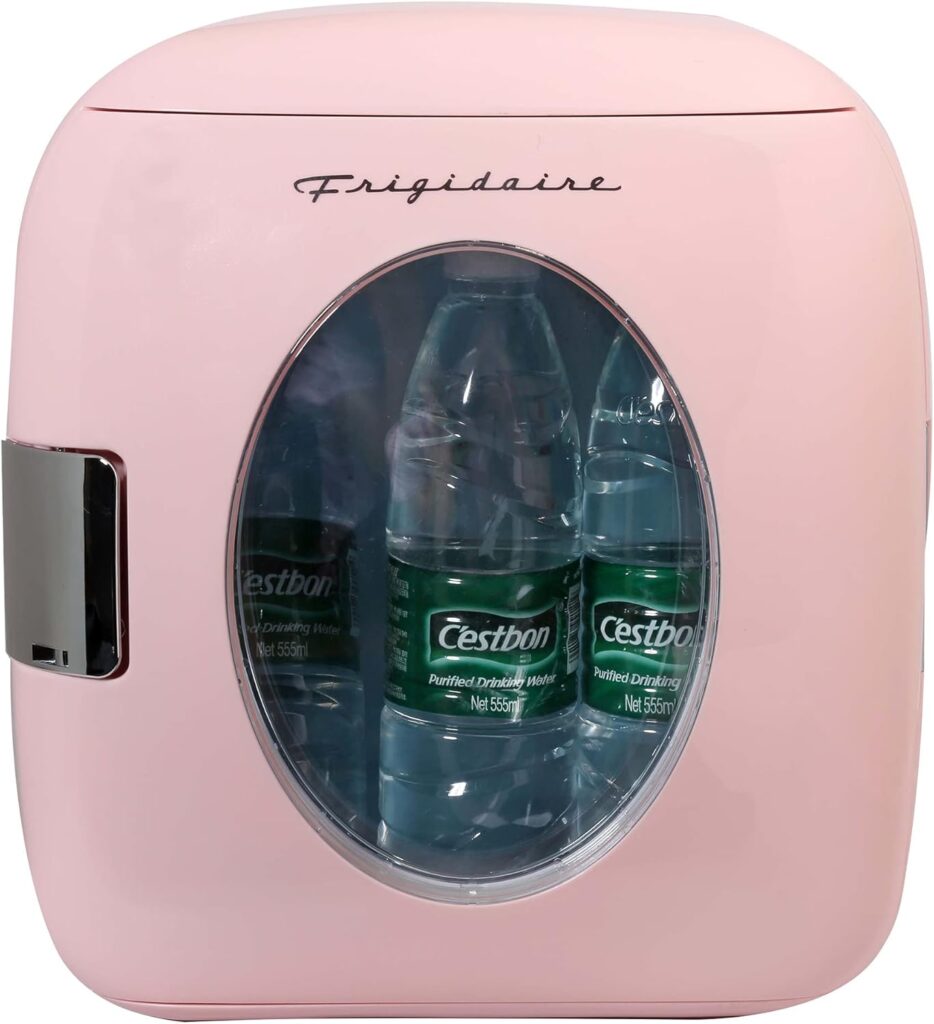 FRIGIDAIRE EFMIS462PINKCP2 Retro 12-Can Mini Personal Fridge Portable Cooler for Car, Office, Bedroom, Dorm Room, or Cabin, 11.22D x 12.6W x 12.6H, Pink