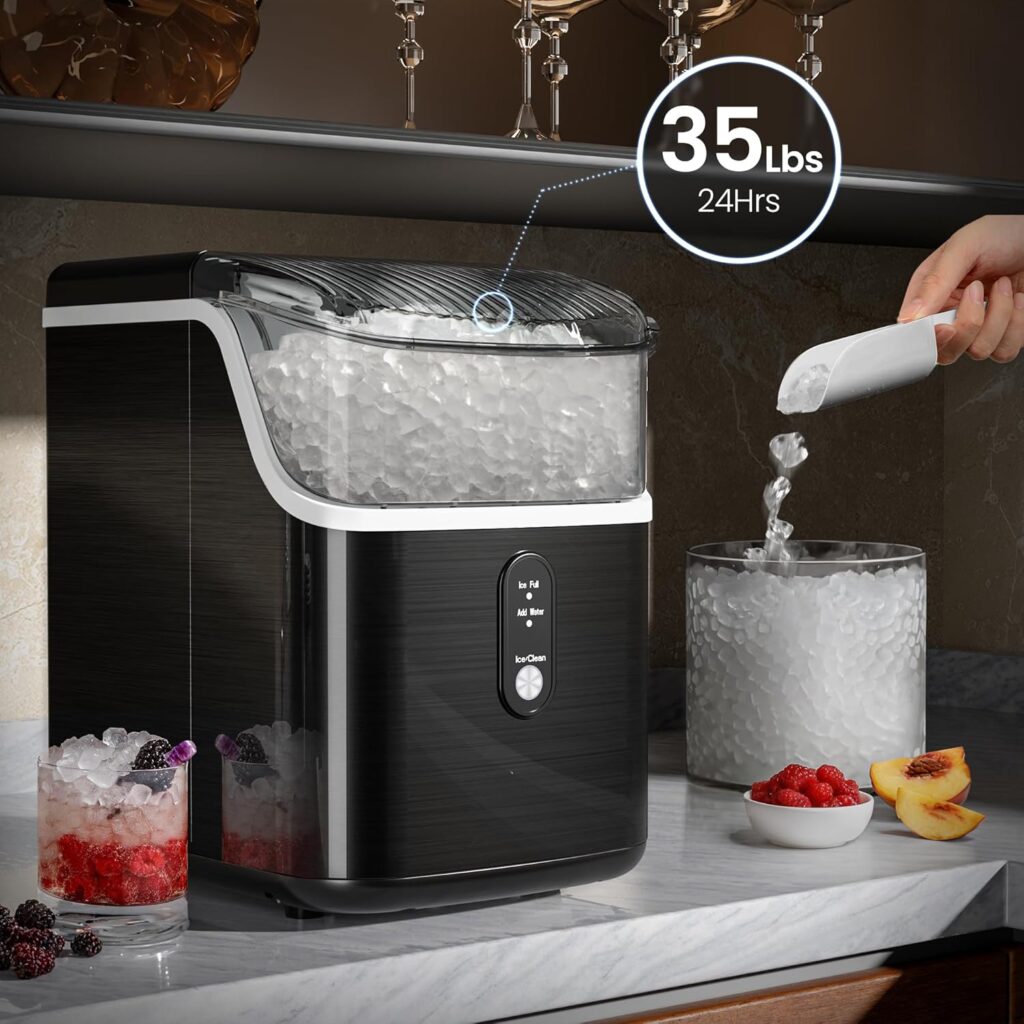 Kismile Nugget Ice Makers Countertop,Portable Ice Maker Machine with Crushed Ice, 35lbs/Day,One-Click Operation,Self-Cleaning Countertop Ice Machine,Pellet Ice Maker Countertop for Home/Kitchen/Office