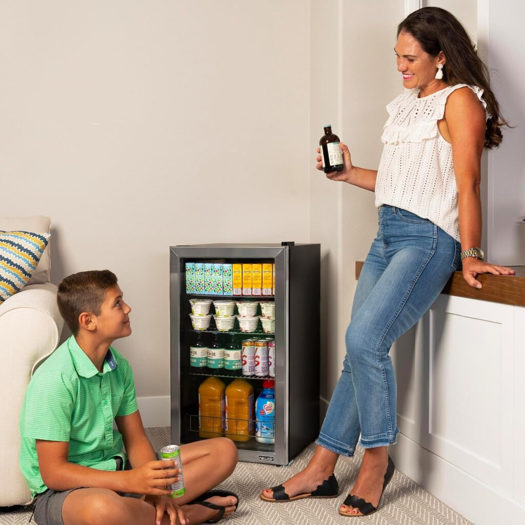 NewAir Beverage Refrigerator Cooler | 126 Cans Free Standing with Right Hinge Glass Door | Mini Fridge Beverage Organizer Perfect For Beer, Wine, Soda, And Cooler Drinks