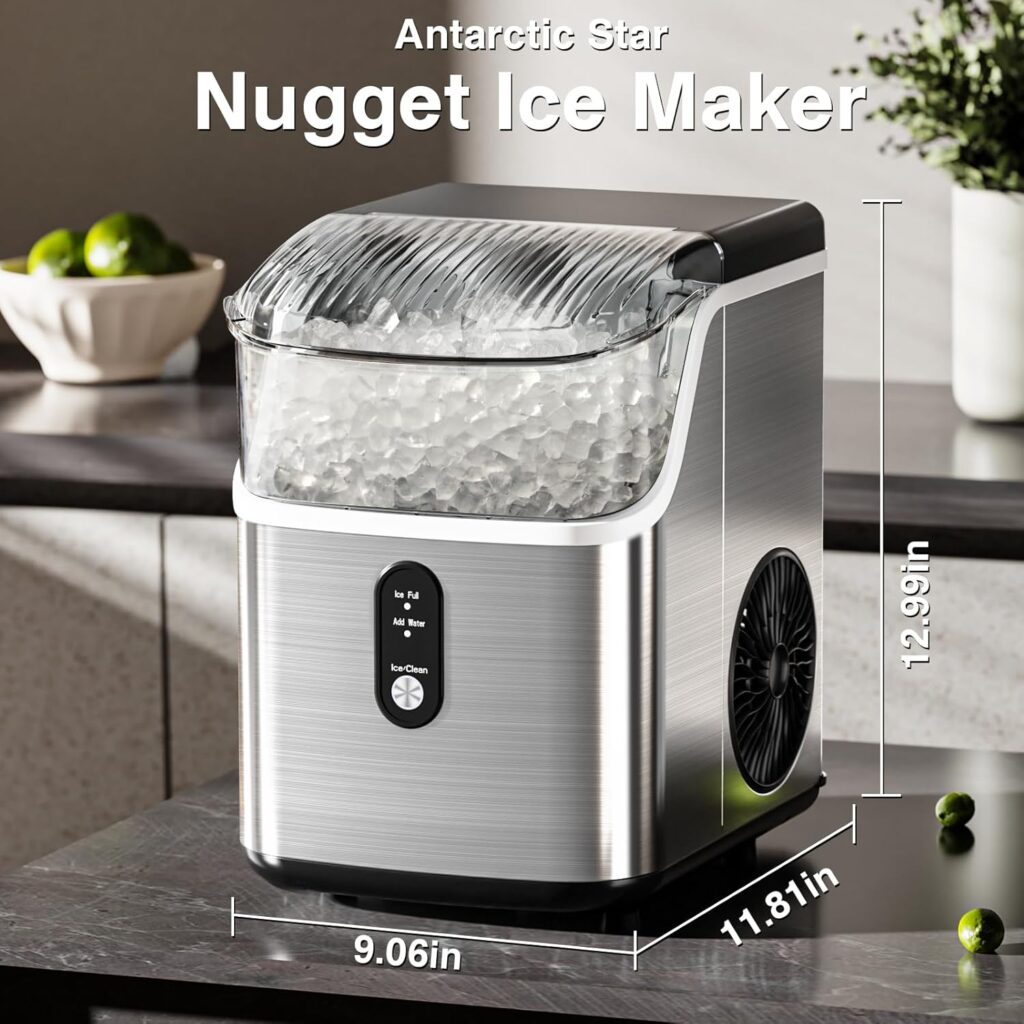 Nugget Ice Makers Countertop, Pebble Ice Machine with Chewable Pellet Ice, 34Lbs/24H, Self-Cleaning, Sonic Ice, One-Click Operation, for Kitchen,Office Stainless Steel Black