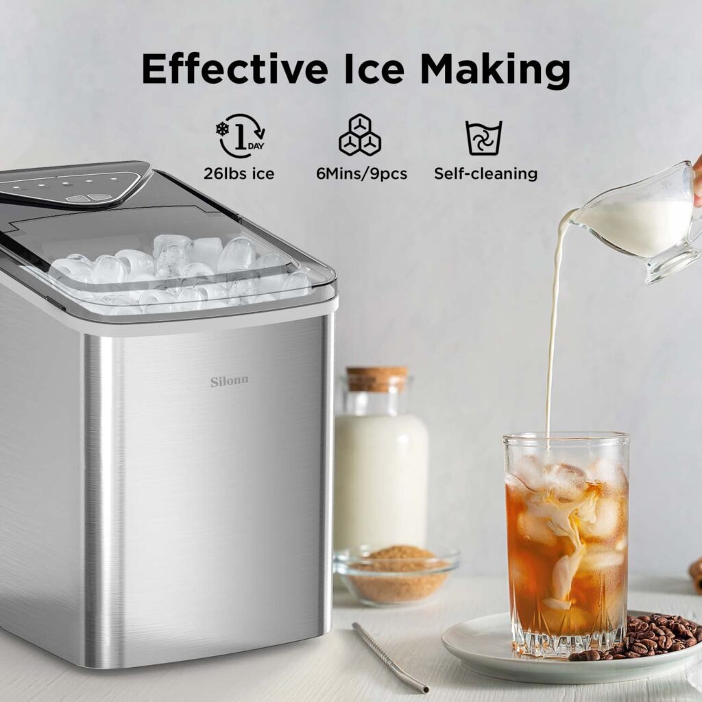 Silonn Countertop Ice Maker Machine - Auto-Cleaning Portable Ice Maker, 26lbs in 24Hrs, 2 Sizes of Bullet Ice for Home Kitchen Office Bar Party, Black