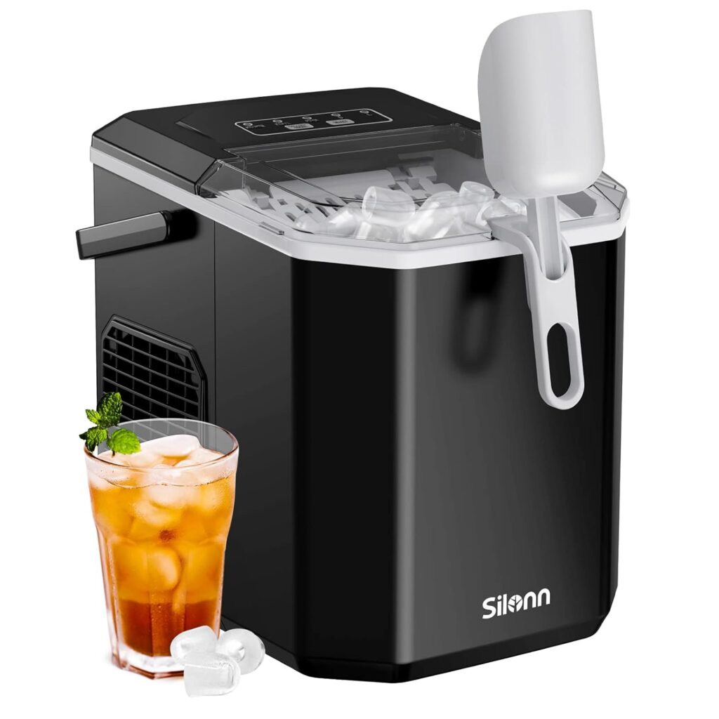 Silonn Ice Maker Countertop, Portable Ice Machine with Carry Handle, Self-Cleaning Ice Makers with Basket and Scoop, 9 Cubes in 6 Mins, 26 lbs per Day, Ideal for Home, Kitchen, Camping, RV