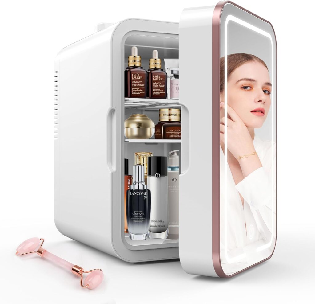 Suavo Skincare Fridge Mini Fridge for Bedroom 8L/10 Cans Small Refrigerator with Dimmable LED Mirror Compact Refrigerator Portable Cooler and Warmer for Skin Care Cosmetic Beverages Drinks Office Dorm