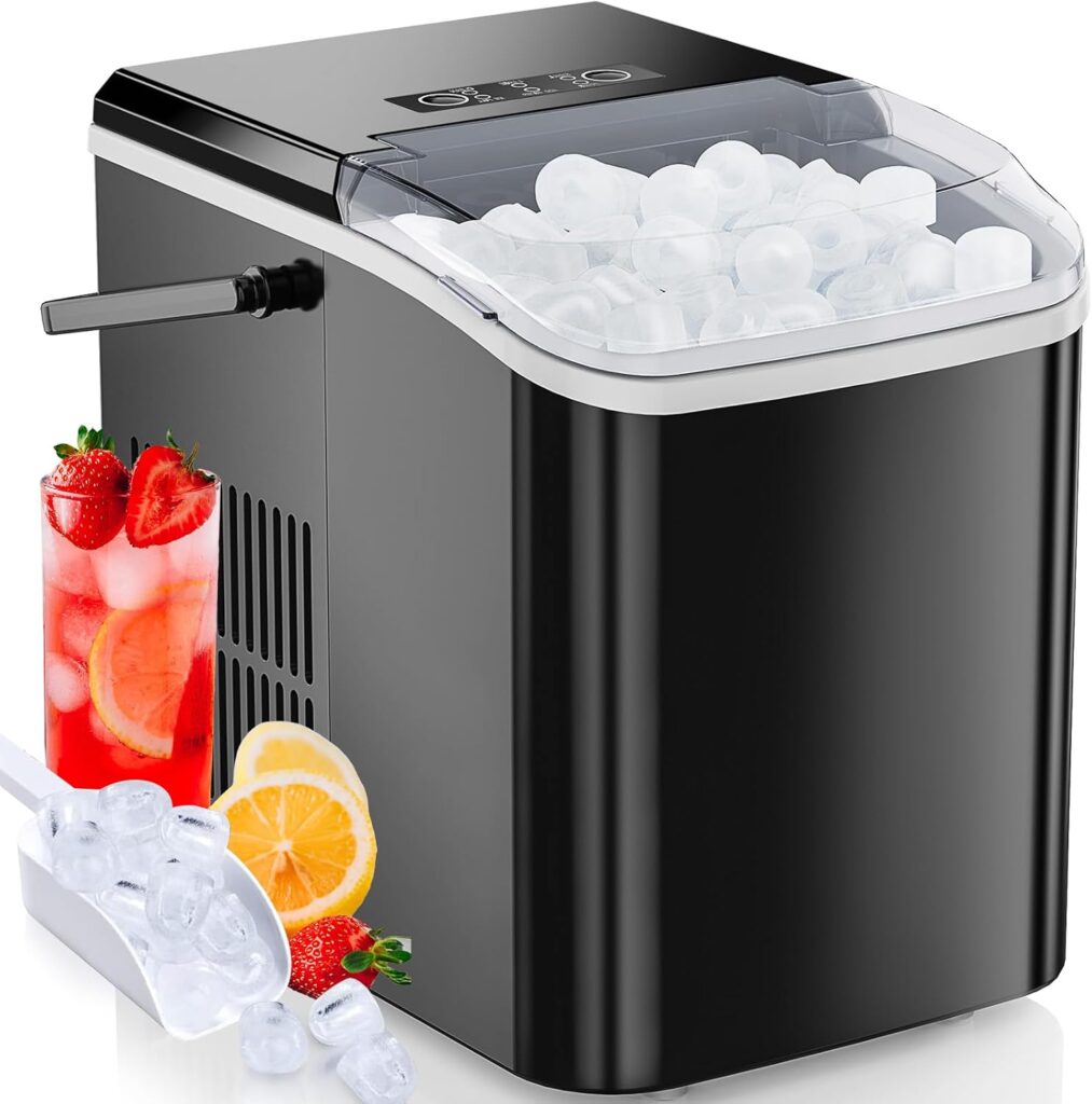 Sweetcrispy Countertop Ice Maker Machine Self-Cleaning, Fast Making 9 Ice Cubes in 6 Minutes, 26.5lbs/24Hrs, 2 Sizes Bullet Ice, Portable Ice Machine with Ice Scoop, Basket and Handle, Black