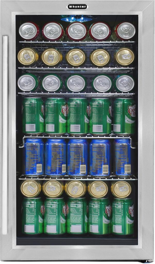 Whynter 120-Can Beverage Refrigerator with Glass Door, 3.1 Cu Ft Freestanding Drink Mini Fridge, BR-130SB, Stainless Steel