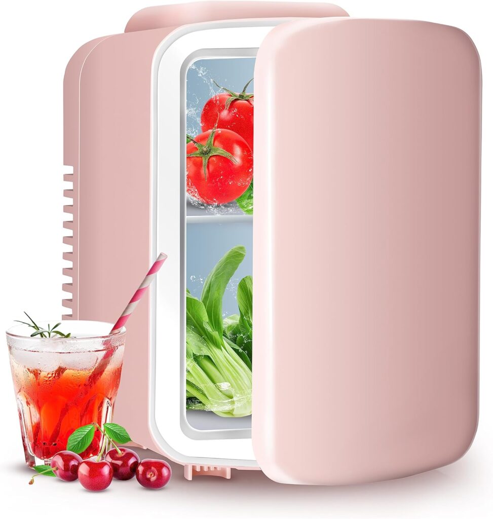 YSSOA 4L Mini Fridge 6 Can Portable Cooler  Warmer Compact Refrigerators for Food, Drinks, Skincare, Office Desk, Pink